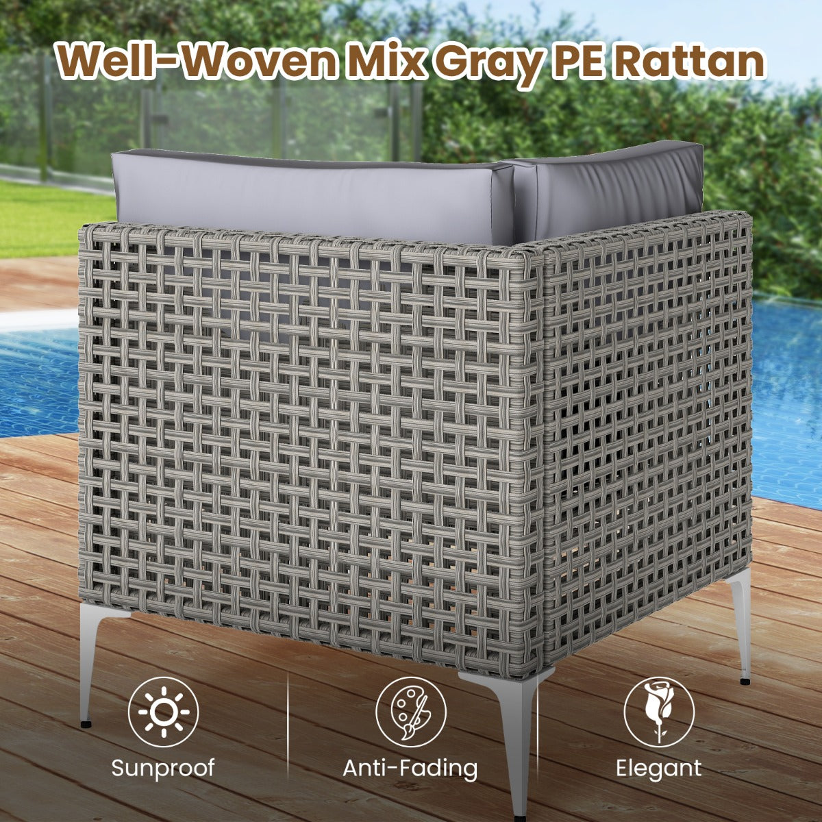LIVSK 5-delige Tuinbankset - PE Rattan - Comfortabele Kussens - Stijlvolle Salontafel - Draagcapaciteit tot 180 kg - Gemengd Grijs