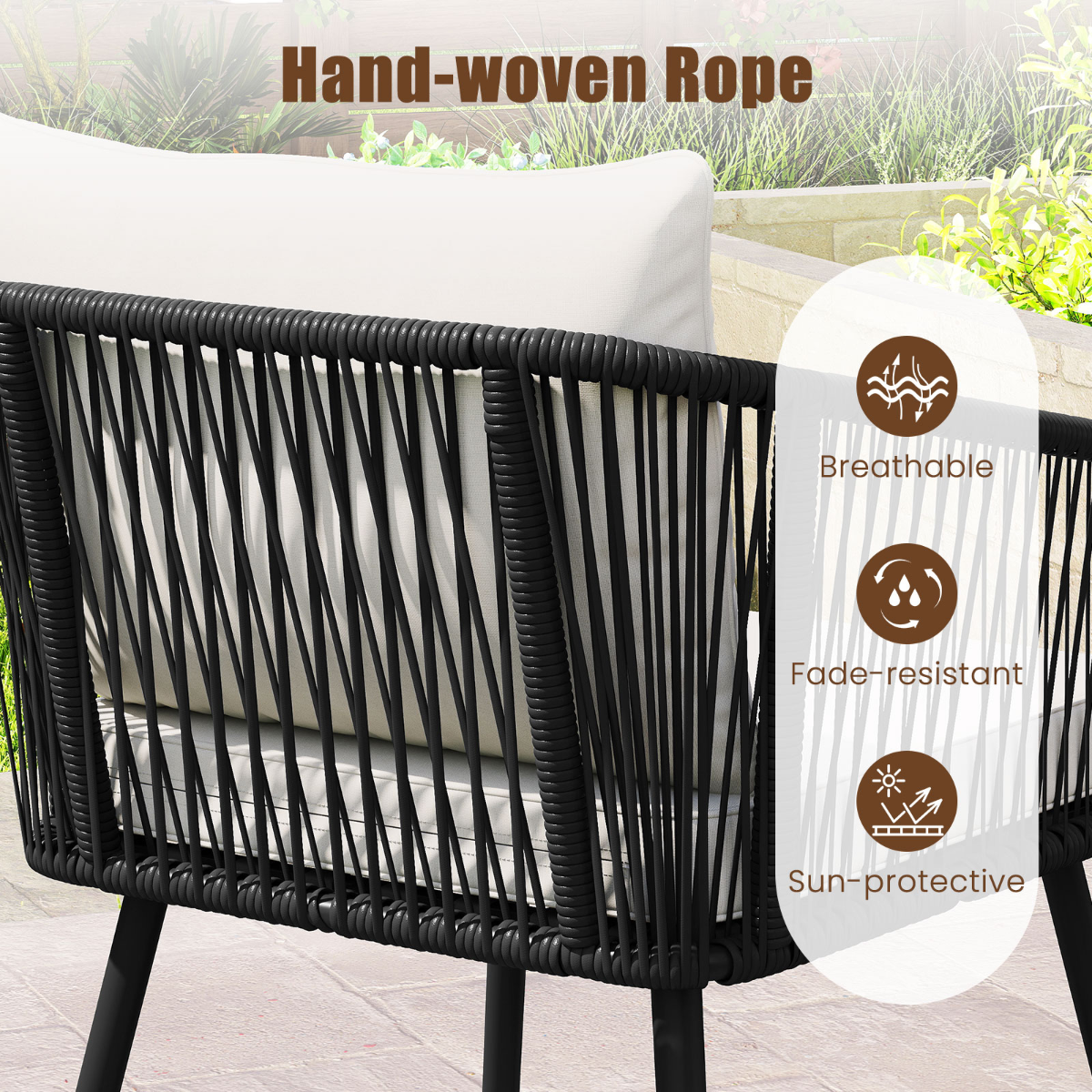 LIVSK Loungeset - Robuuste Metalen Constructie - Handgeweven PE-Touw - Inclusief Zachte Kussens - Voor 180 kg per Stoel - Zwart