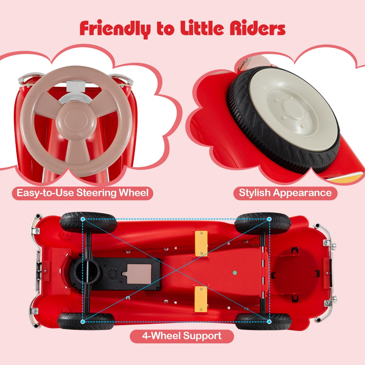 LIVSK Peuter Glijauto - Ergonomisch en Kantelbestendig - LED-lampen en Toeter - Opbergruimte - Tot 15 kg - Rood