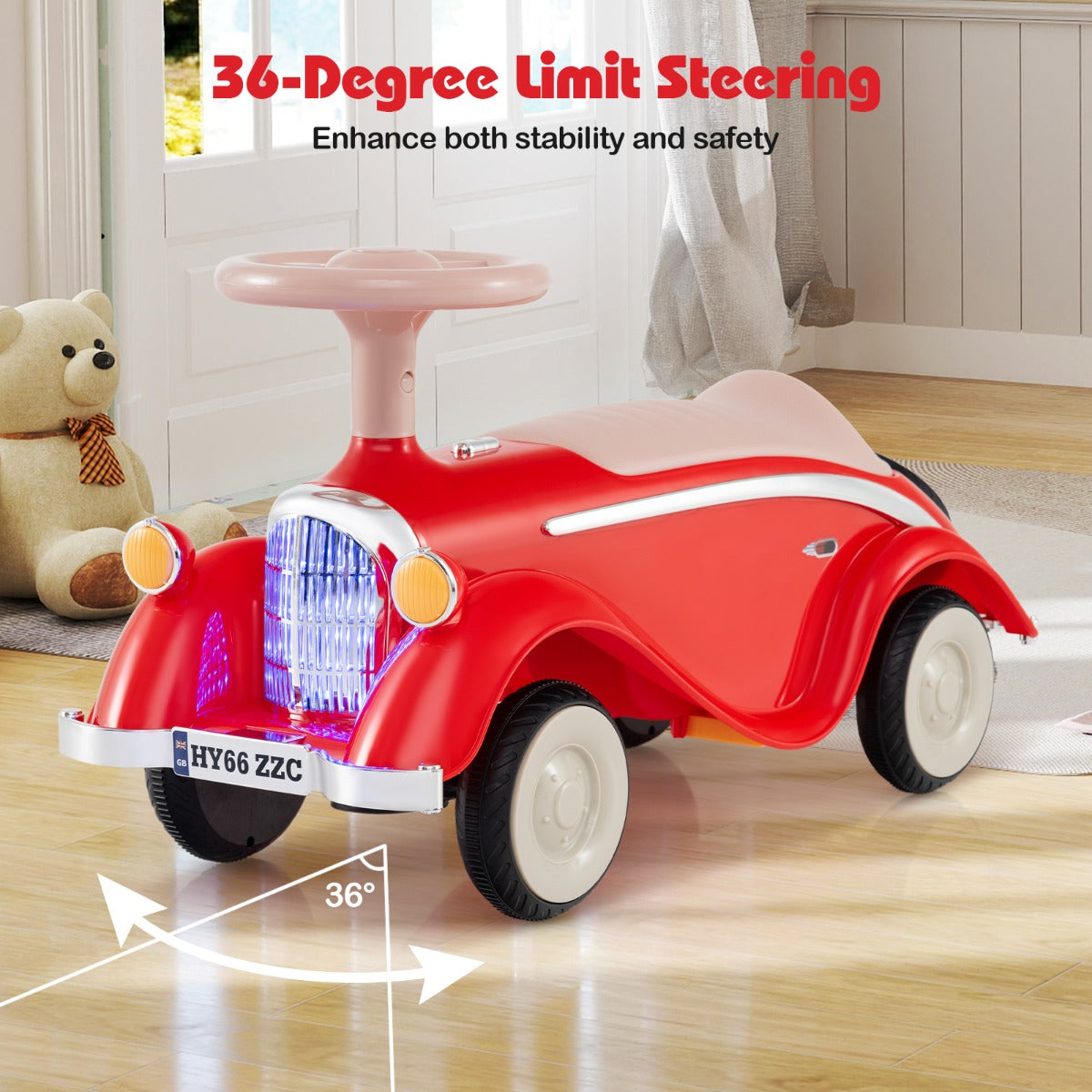 LIVSK Peuter Glijauto - Ergonomisch en Kantelbestendig - LED-lampen en Toeter - Opbergruimte - Tot 15 kg - Rood