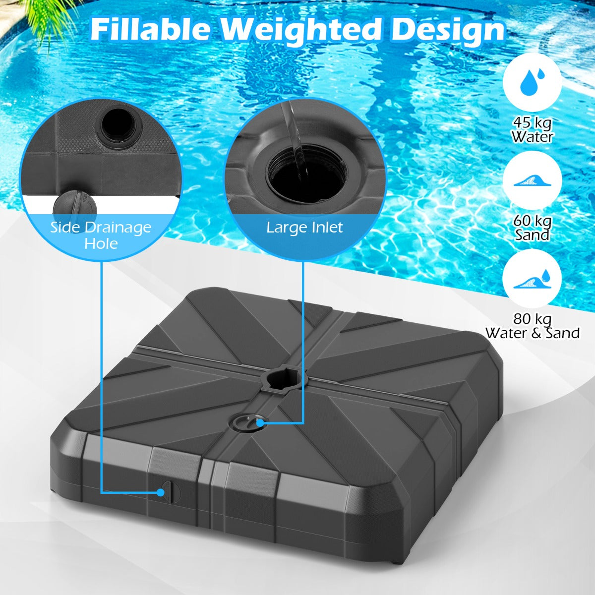 LIVSK Vierkante Parasolvoet - Vulcapaciteit tot 80 kg - HDPE Weerbestendig - Geschikt voor Parasolstok 38/48 mm - Zwart