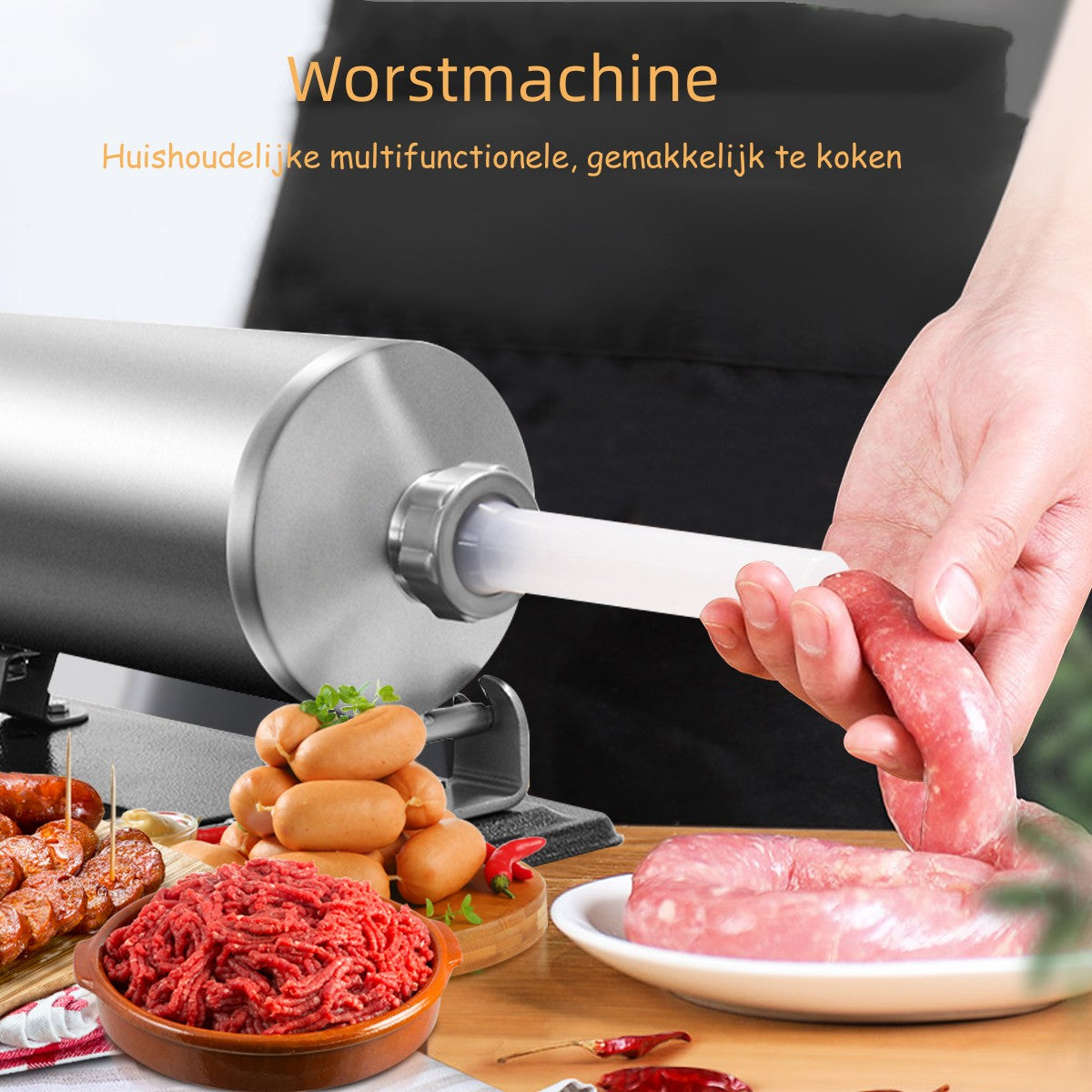 LIVSK Horizontale Worstvuller KC42160 - 4 kg Capaciteit - Inclusief 4 Vulbuizen - Eenvoudig in Gebruik - Duurzaam - Zilver