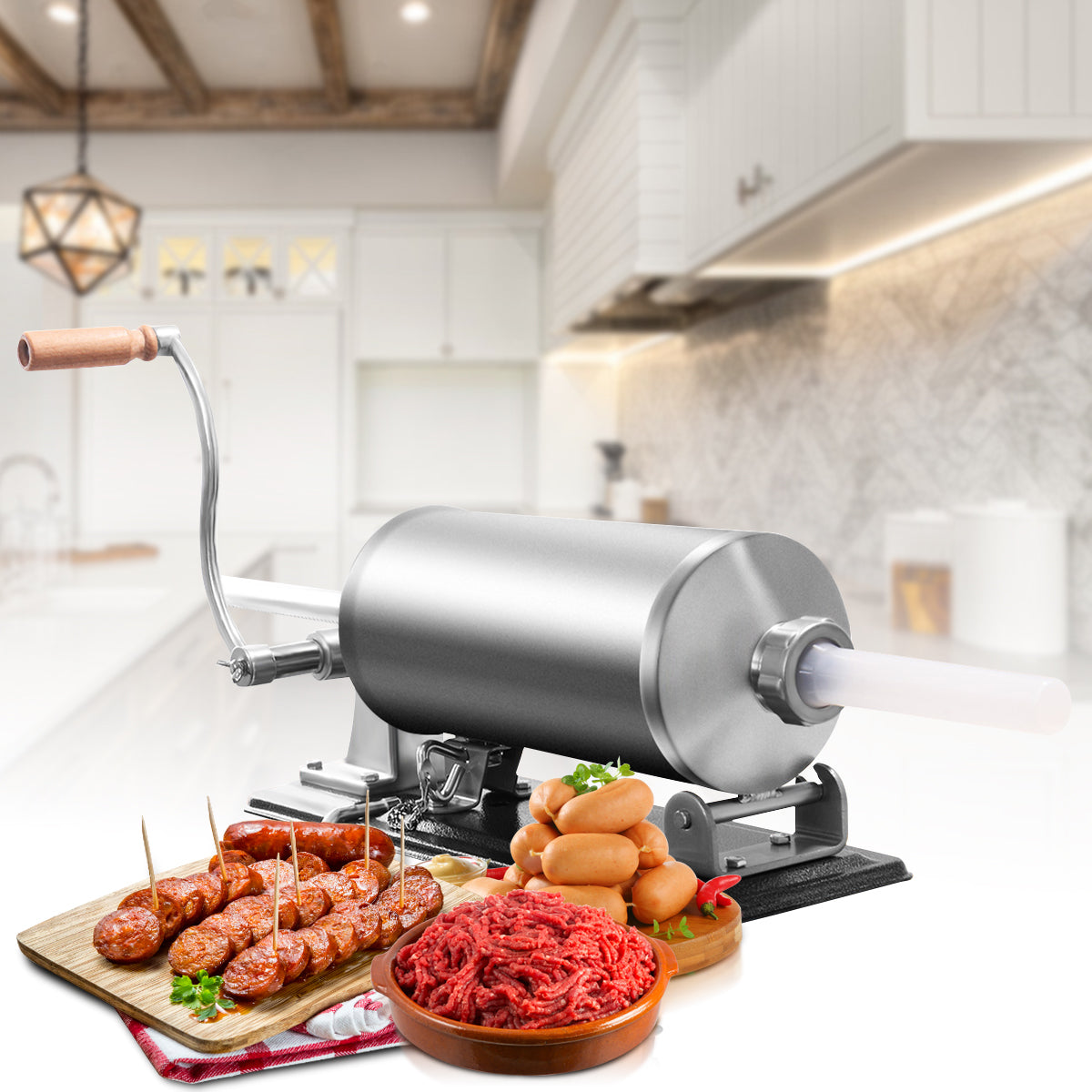 LIVSK Horizontale Worstvuller KC42160 - 4 kg Capaciteit - Inclusief 4 Vulbuizen - Eenvoudig in Gebruik - Duurzaam - Zilver