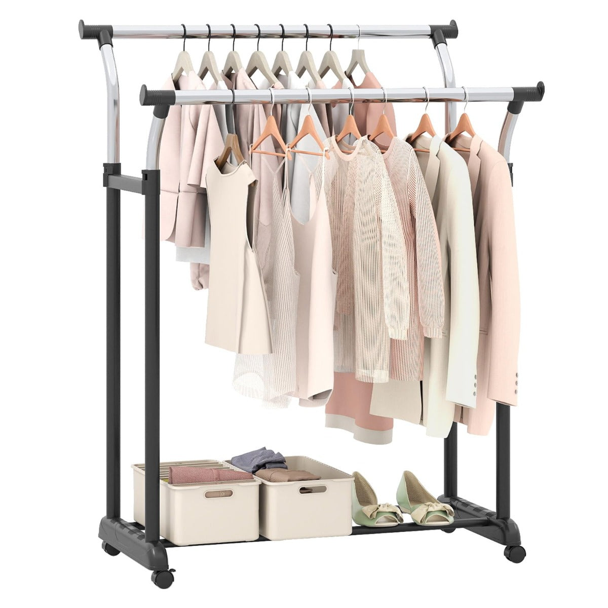Livsk costway rolbare kledingrek dubbele stang garderobe met verstelbare hoogte 1 1