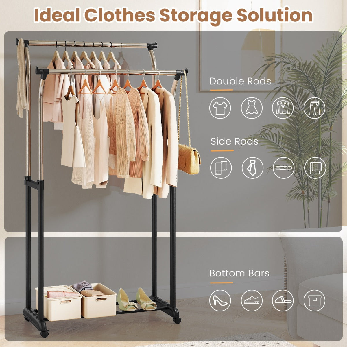 Livsk costway rolbare kledingrek dubbele stang garderobe met verstelbare hoogte 4