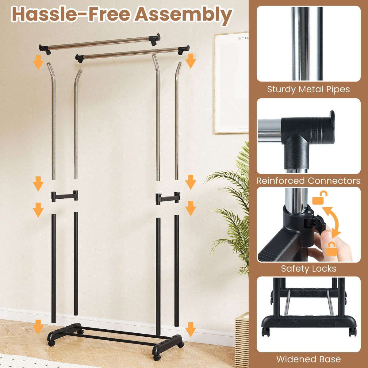 Livsk costway rolbare kledingrek dubbele stang garderobe met verstelbare hoogte 5