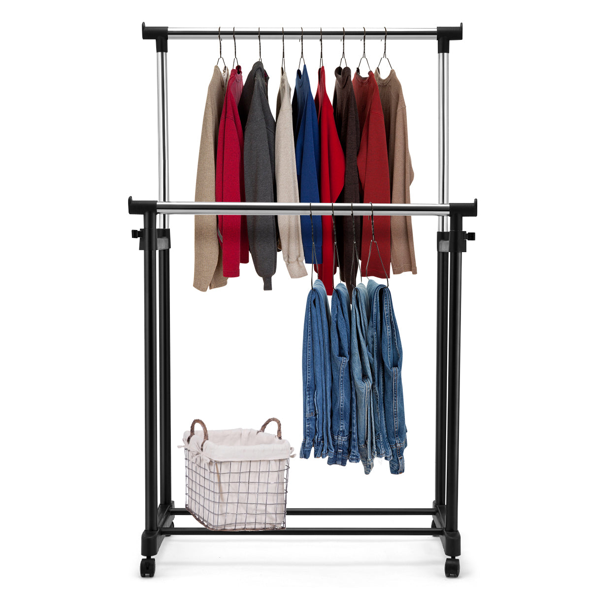 LIVSK Verstelbaar Kledingrek met Dubbele Stangen - Rolbaar met Vergrendelbare Wielen - Tot 20 kg - 86 x 43 x 168 cm - Zwart