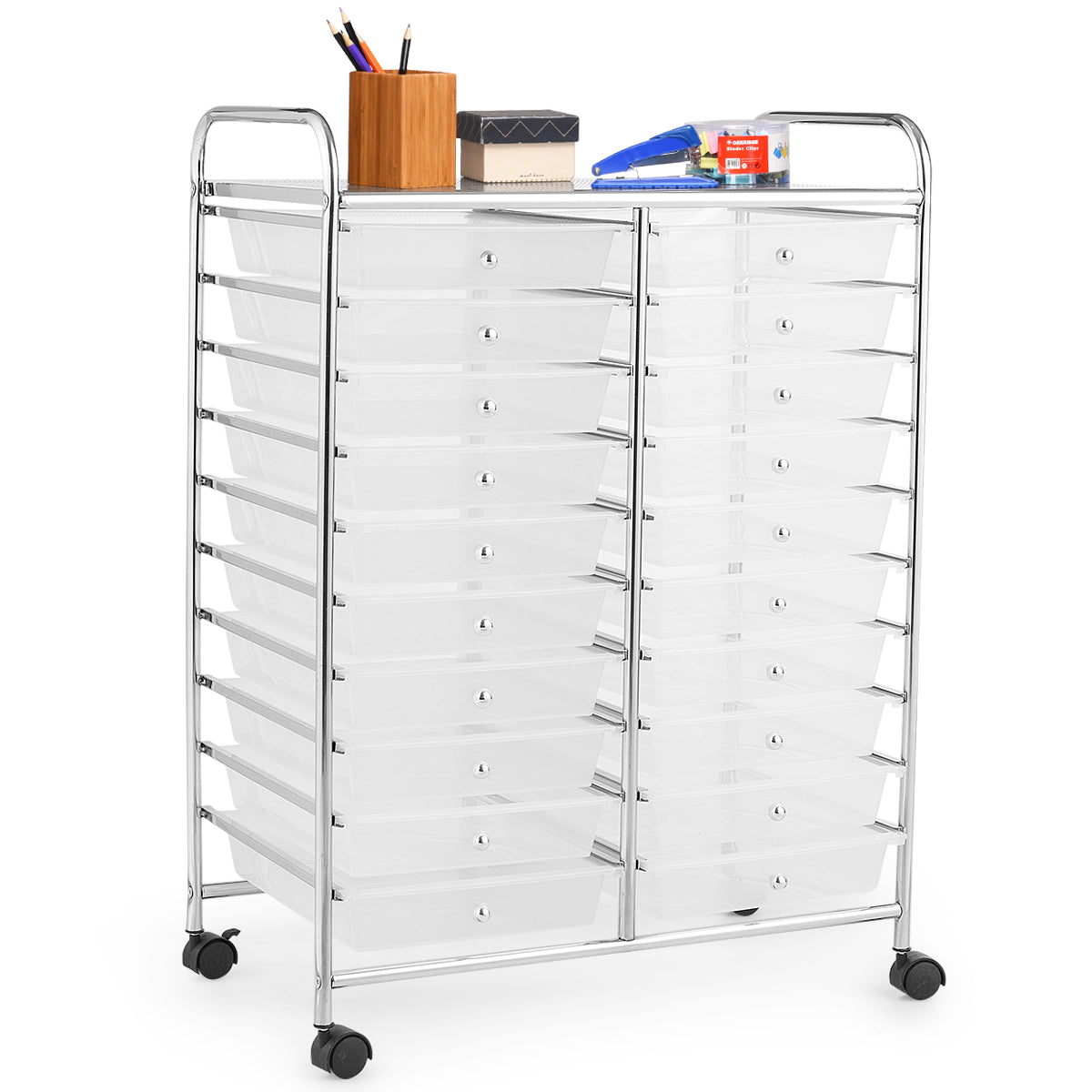 LIVSK Opbergtrolley met 20 Laden - Verrijdbaar met Vergrendelbare Wielen - Duurzaam Staal en PP - Multifunctioneel - Transparant