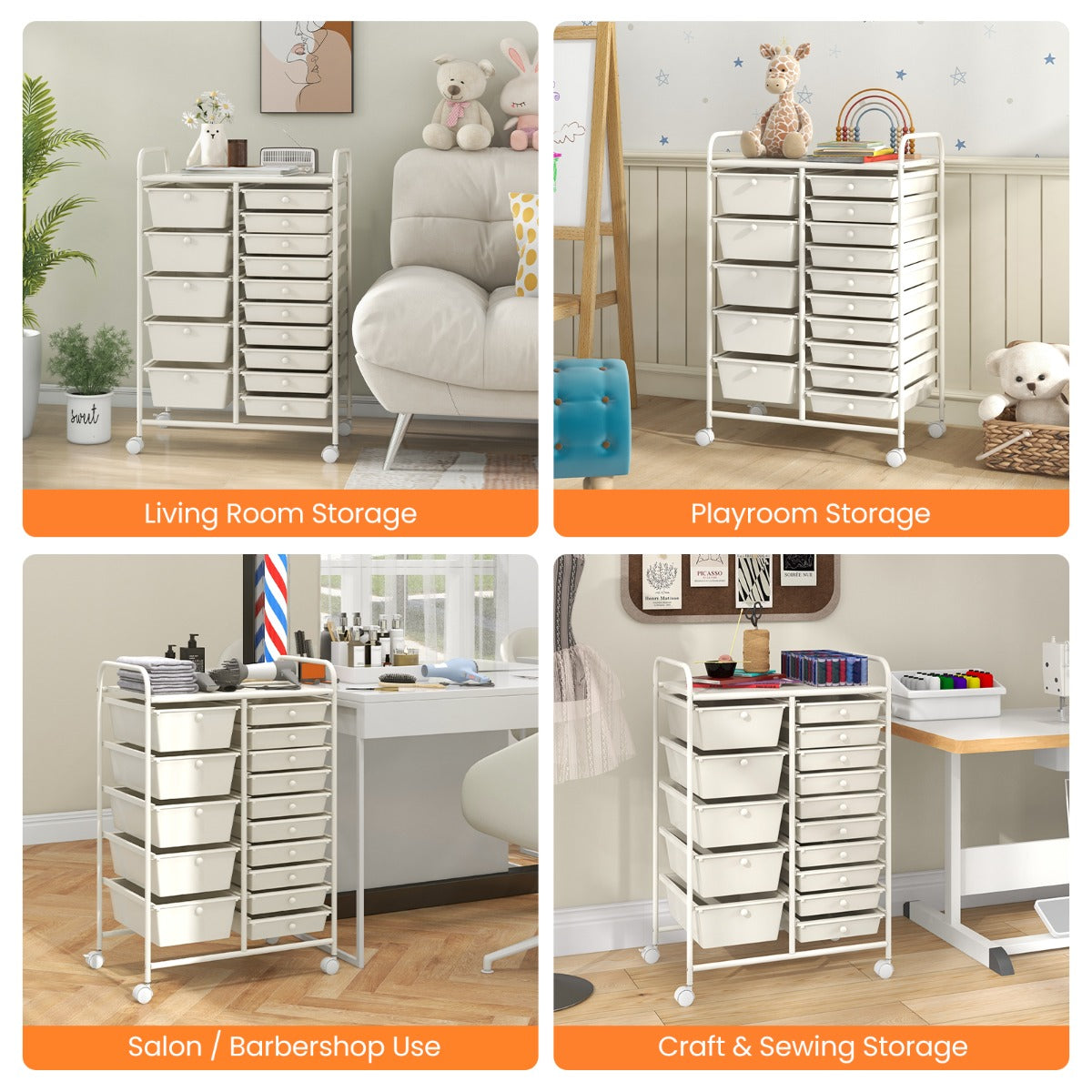 LIVSK Multifunctionele Rolwagen - 15 Uitneembare Lades - Stabiel Metaal - 4 Wielen - 63 x 37 x 87 cm - Roze gemengd / Wit