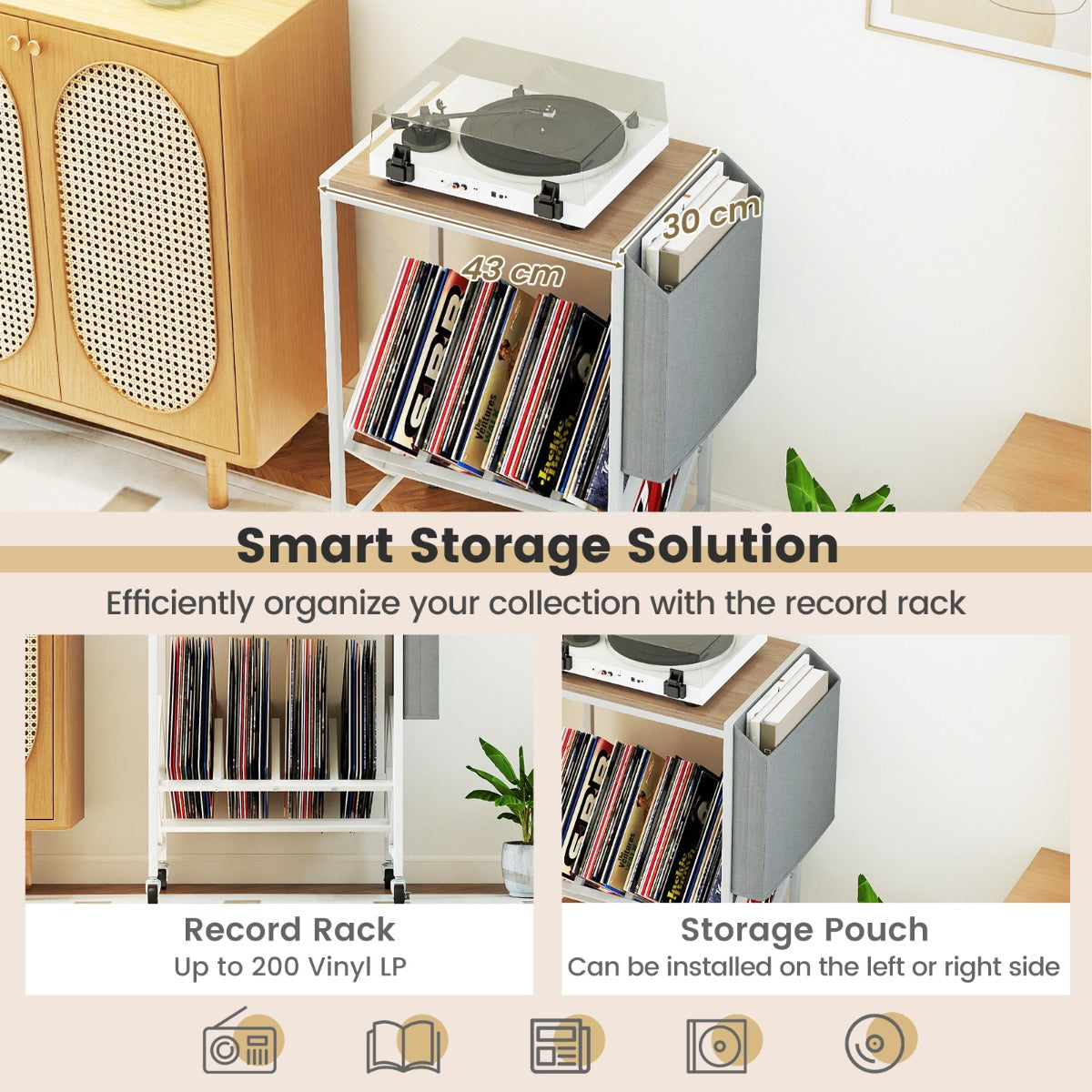 Livsk costway rolbare platenspelerstandaard vinylplatenkast met opbergruimte voor vinylplaten en tijdschriftenhouder naturel 4
