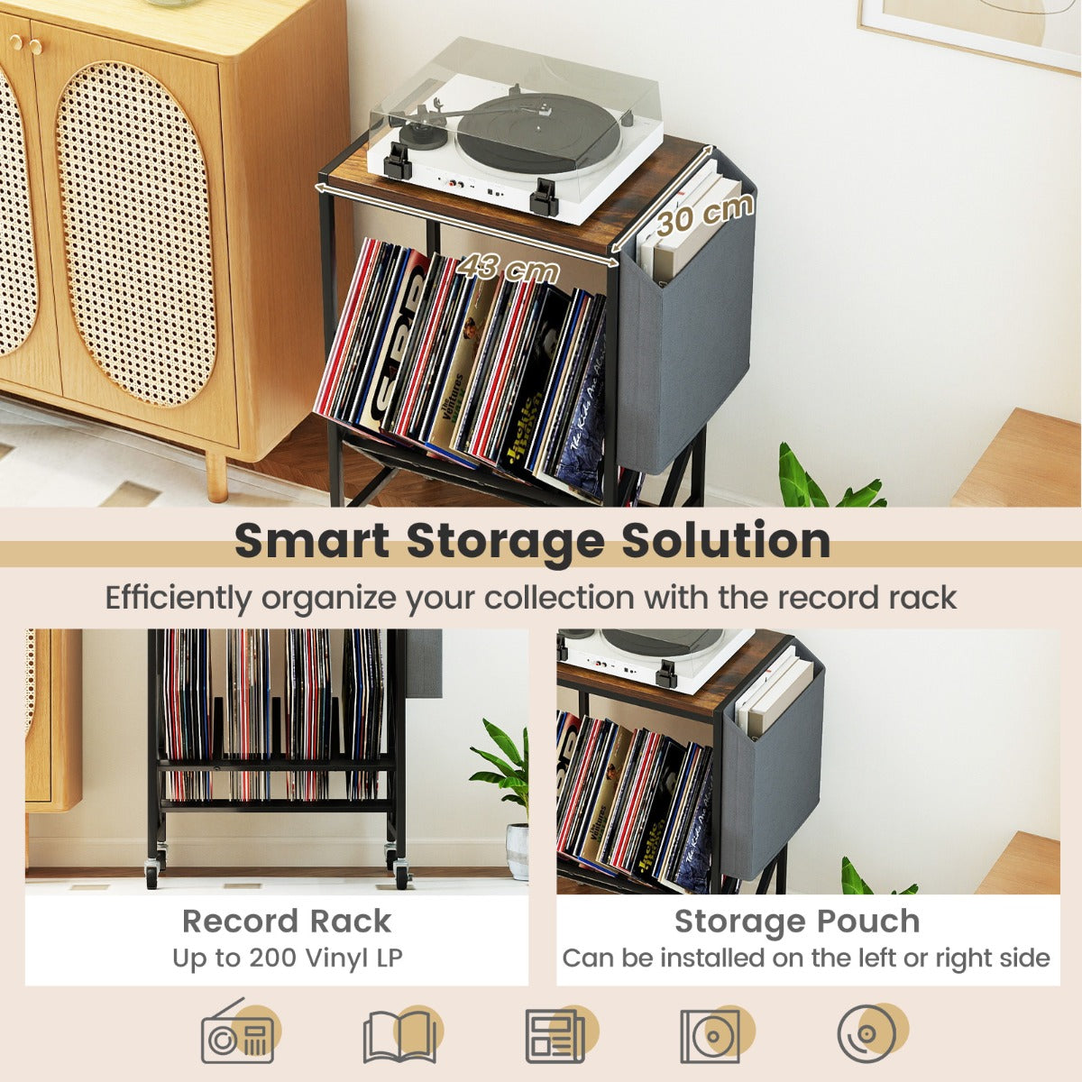 Livsk costway rolbare platenspelerstandaard vinylplatenkast met opbergruimte voor vinylplaten en tijdschriftenhouder zwart 4