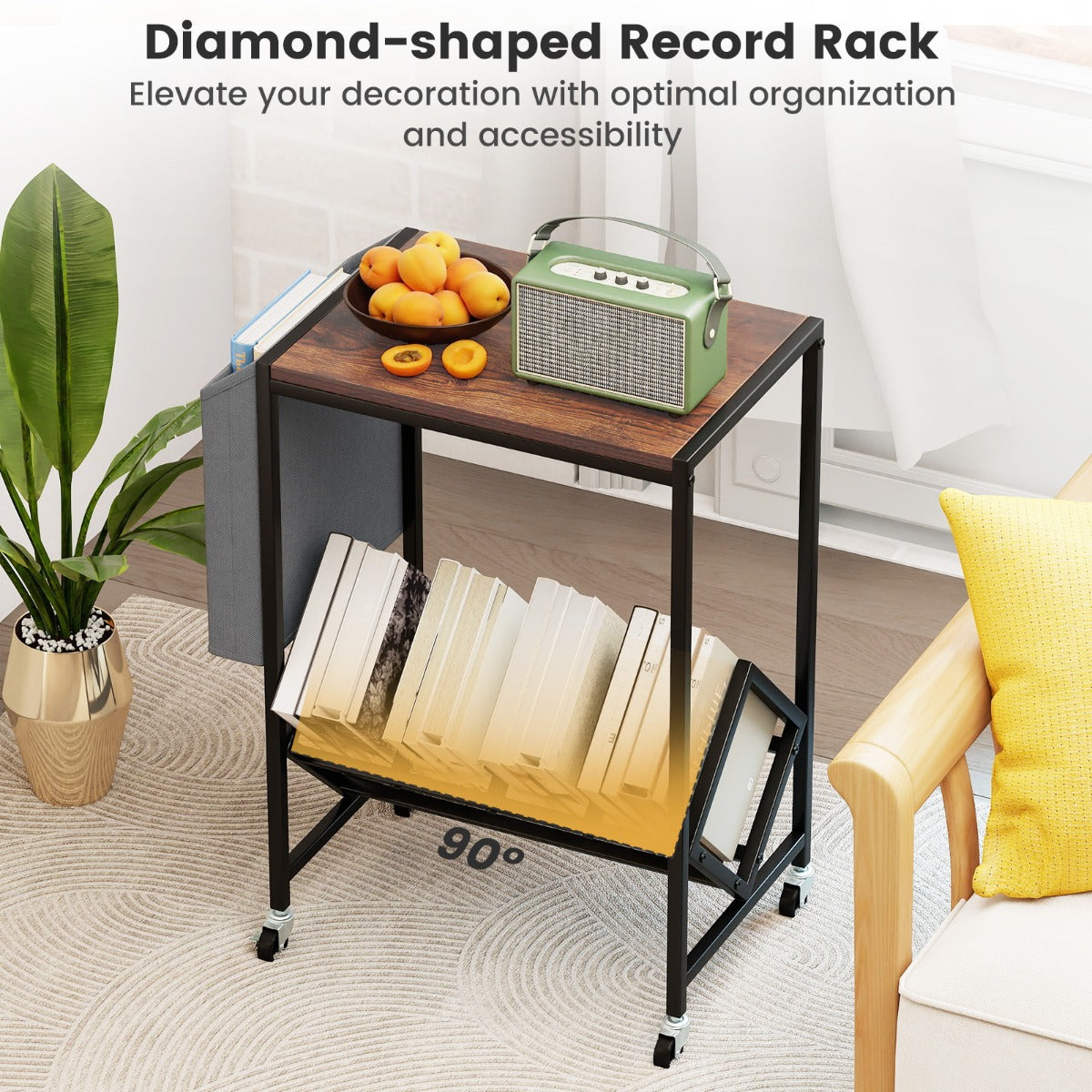 Livsk costway rolbare platenspelerstandaard vinylplatenkast met opbergruimte voor vinylplaten en tijdschriftenhouder zwart 6