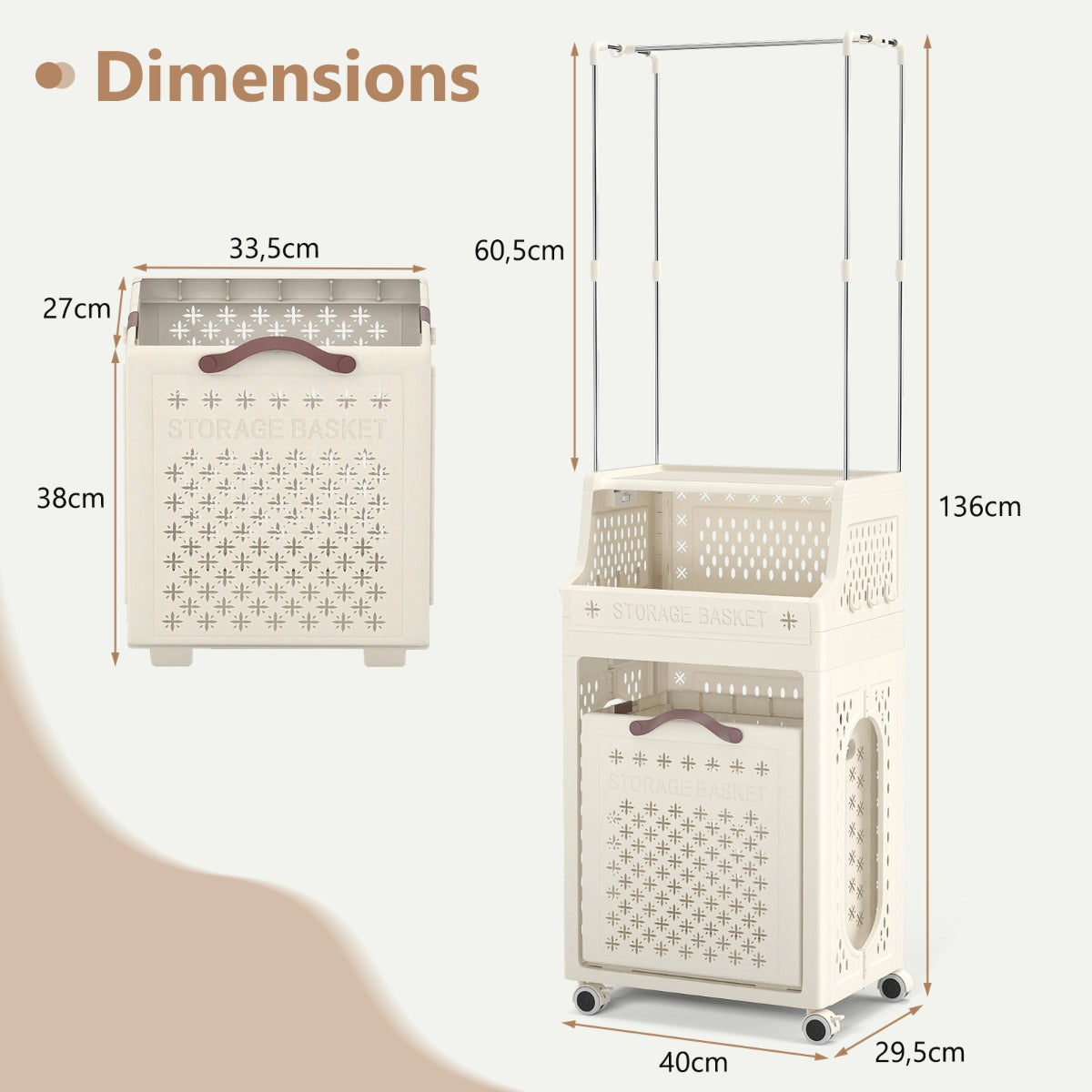 Livsk costway rolbare wasmand met kleerhanger meerlaagse opvouwbare kunststof wasmand met ophanging beige 1 1