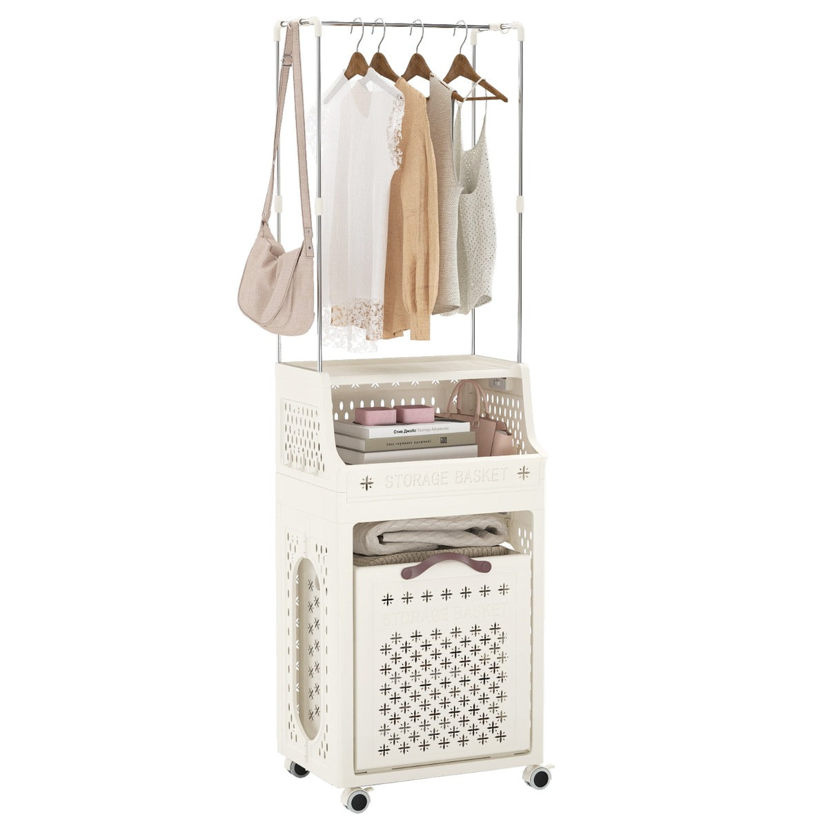 Livsk costway rolbare wasmand met kleerhanger meerlaagse opvouwbare kunststof wasmand met ophanging beige