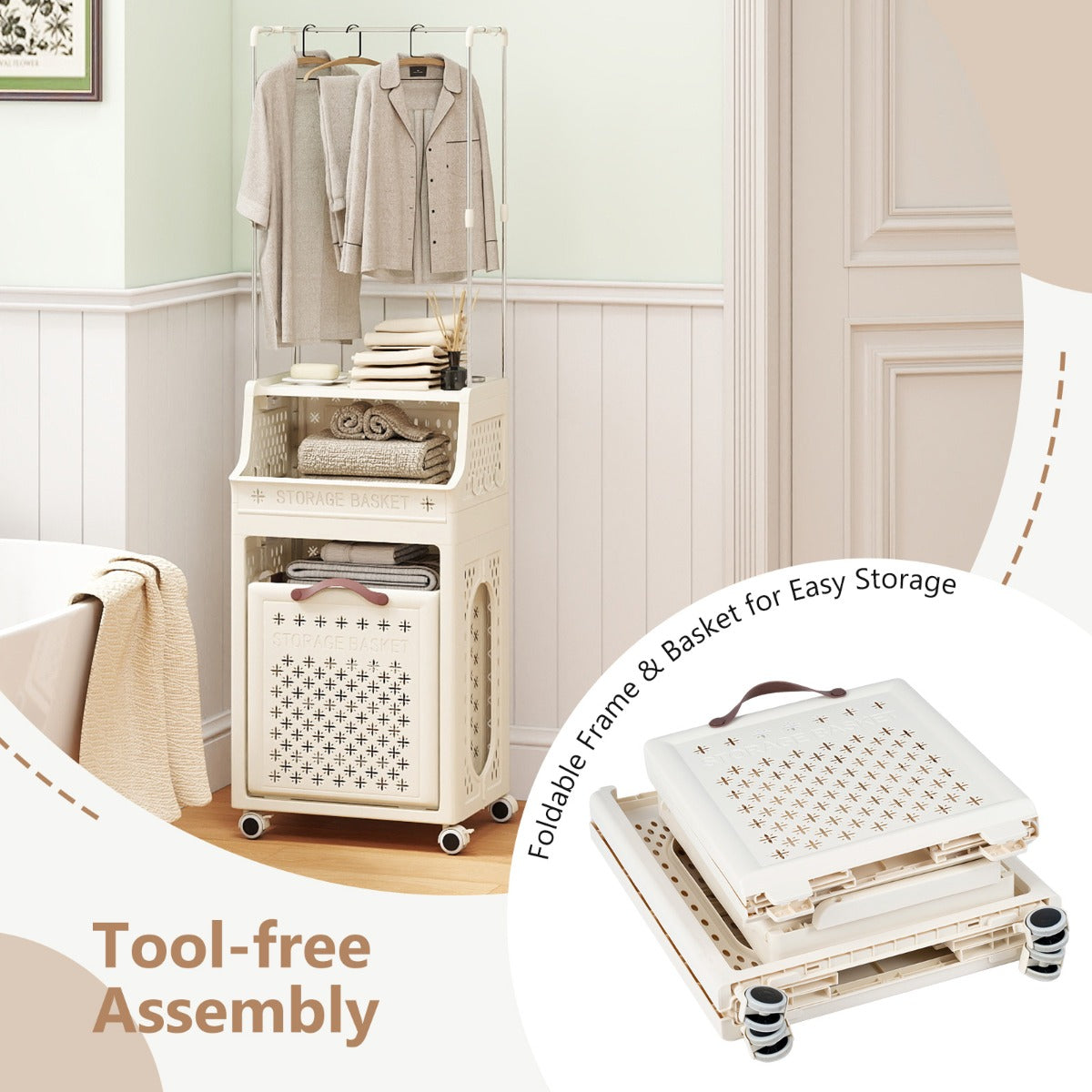 Livsk costway rolbare wasmand met kleerhanger meerlaagse opvouwbare kunststof wasmand met ophanging beige 2