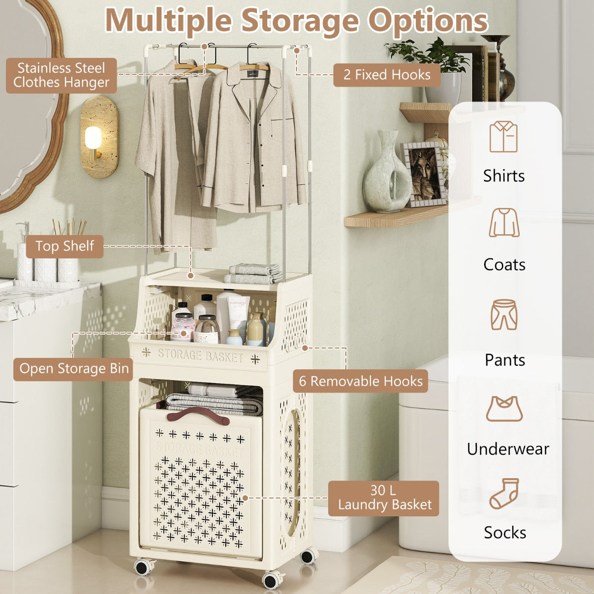 Livsk costway rolbare wasmand met kleerhanger meerlaagse opvouwbare kunststof wasmand met ophanging beige 3