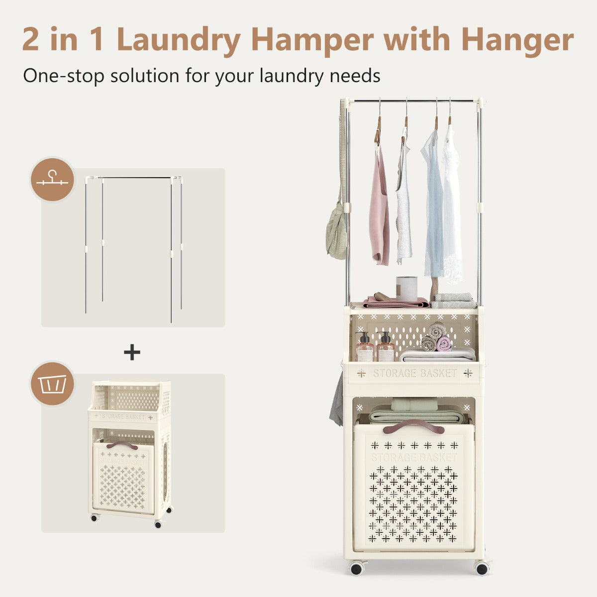 Livsk costway rolbare wasmand met kleerhanger meerlaagse opvouwbare kunststof wasmand met ophanging beige 4