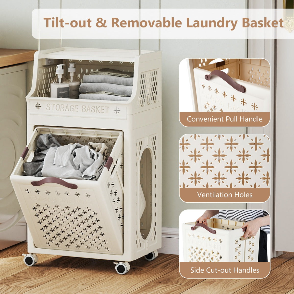 Livsk costway rolbare wasmand met kleerhanger meerlaagse opvouwbare kunststof wasmand met ophanging beige 5