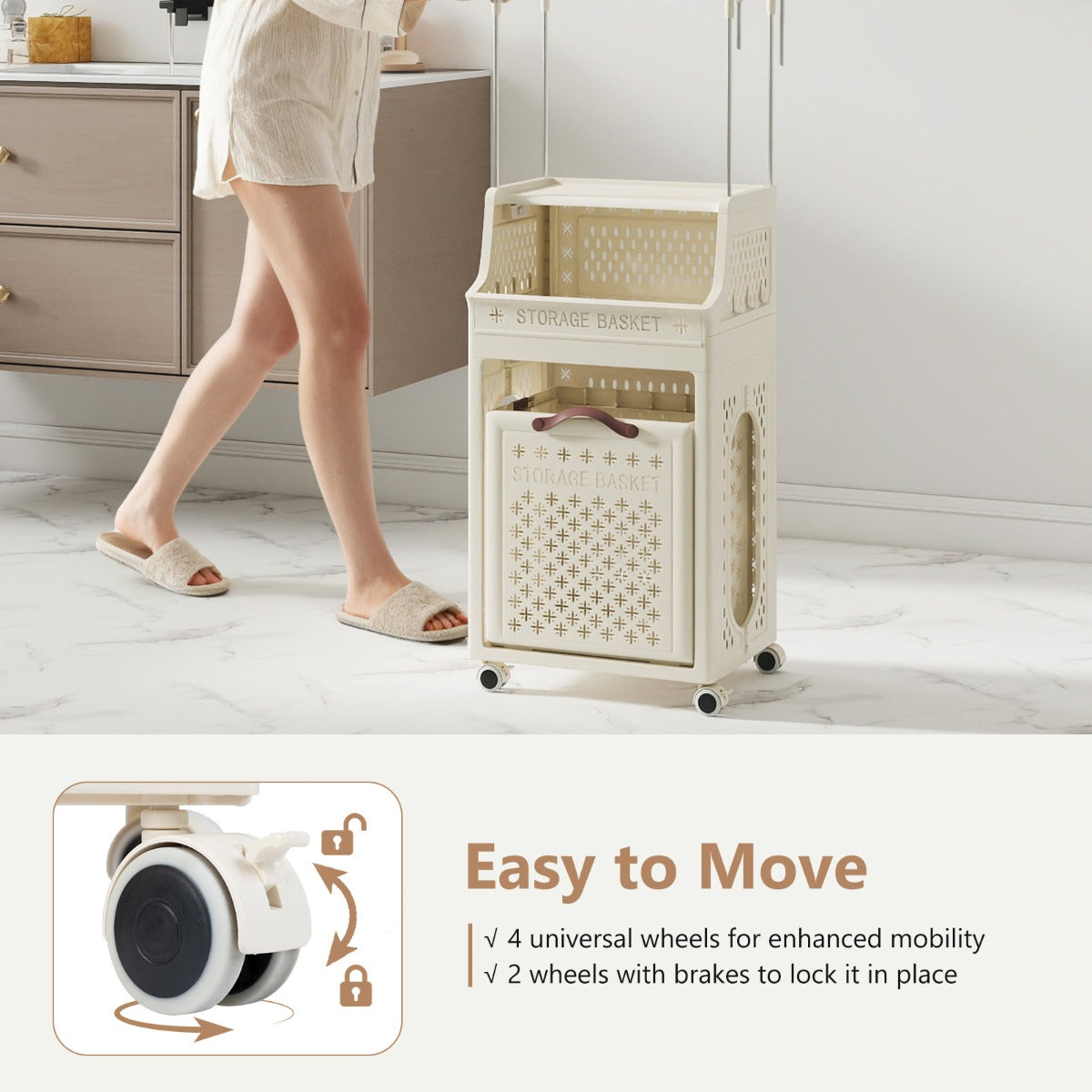 Livsk costway rolbare wasmand met kleerhanger meerlaagse opvouwbare kunststof wasmand met ophanging beige 6