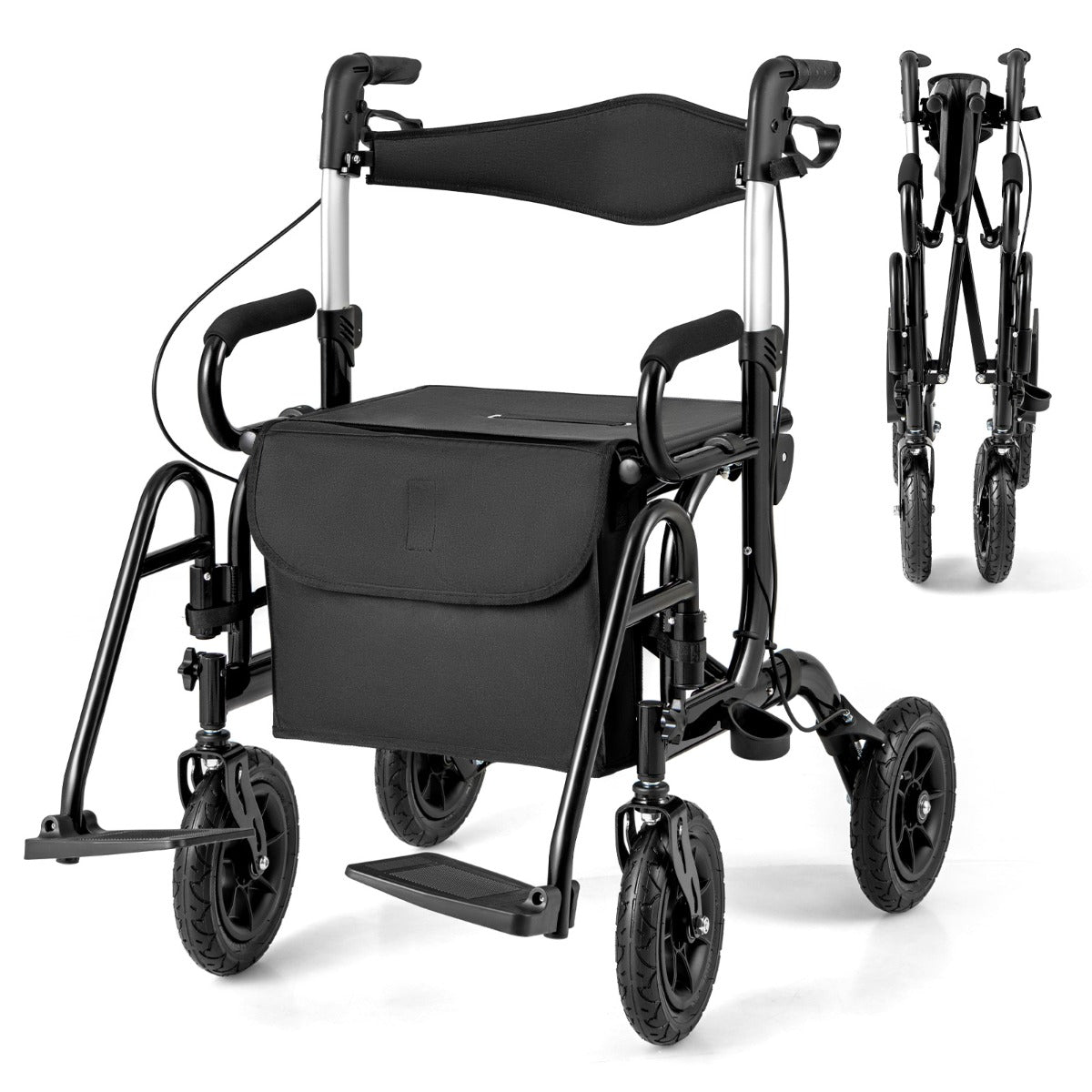 LIVSK 2-in-1 Rollator en Rolstoel - Verstelbaar van 89 tot 101,5 cm - Pneumatische Banden - Veiligheidsremsysteem - Zwart