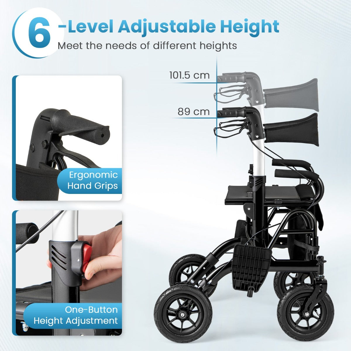LIVSK 2-in-1 Rollator en Rolstoel - Verstelbaar van 89 tot 101,5 cm - Pneumatische Banden - Veiligheidsremsysteem - Zwart