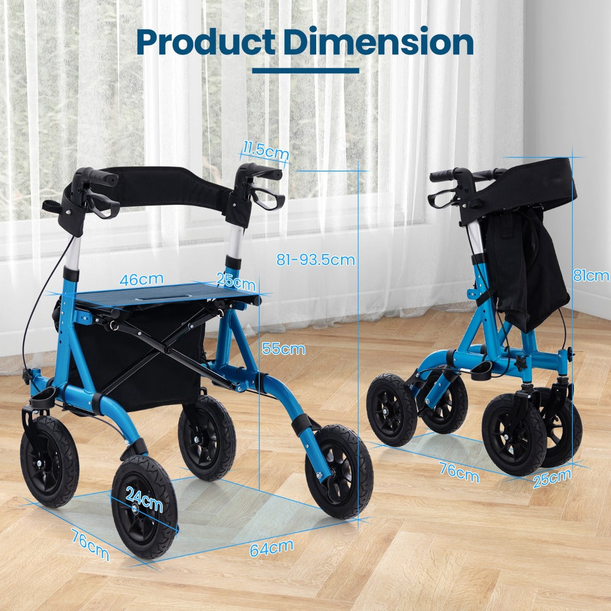 LIVSK Opvouwbare Rollator - All-terrain Wielen - Schokdemping - Gevoerde Zitting - Aluminium - Tot 136 kg - Blauw/Zwart
