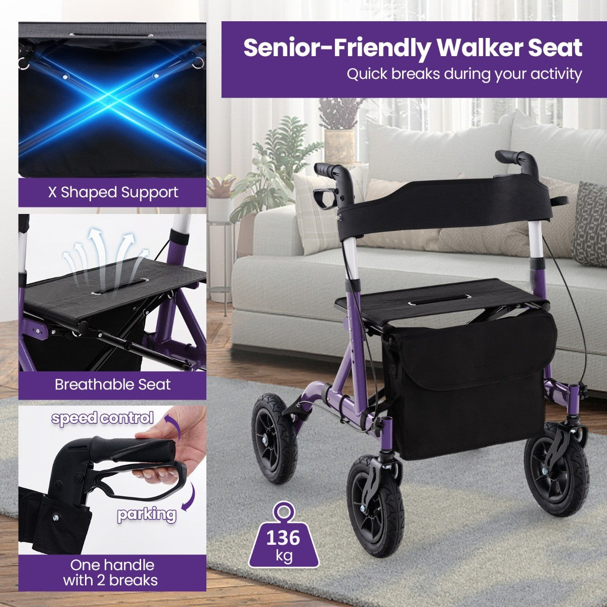LIVSK Opvouwbare Rollator - 24 cm All-Terrain Wielen - Verstelbare Hoogte - Gevoerde Zitting - Aluminium - Paars
