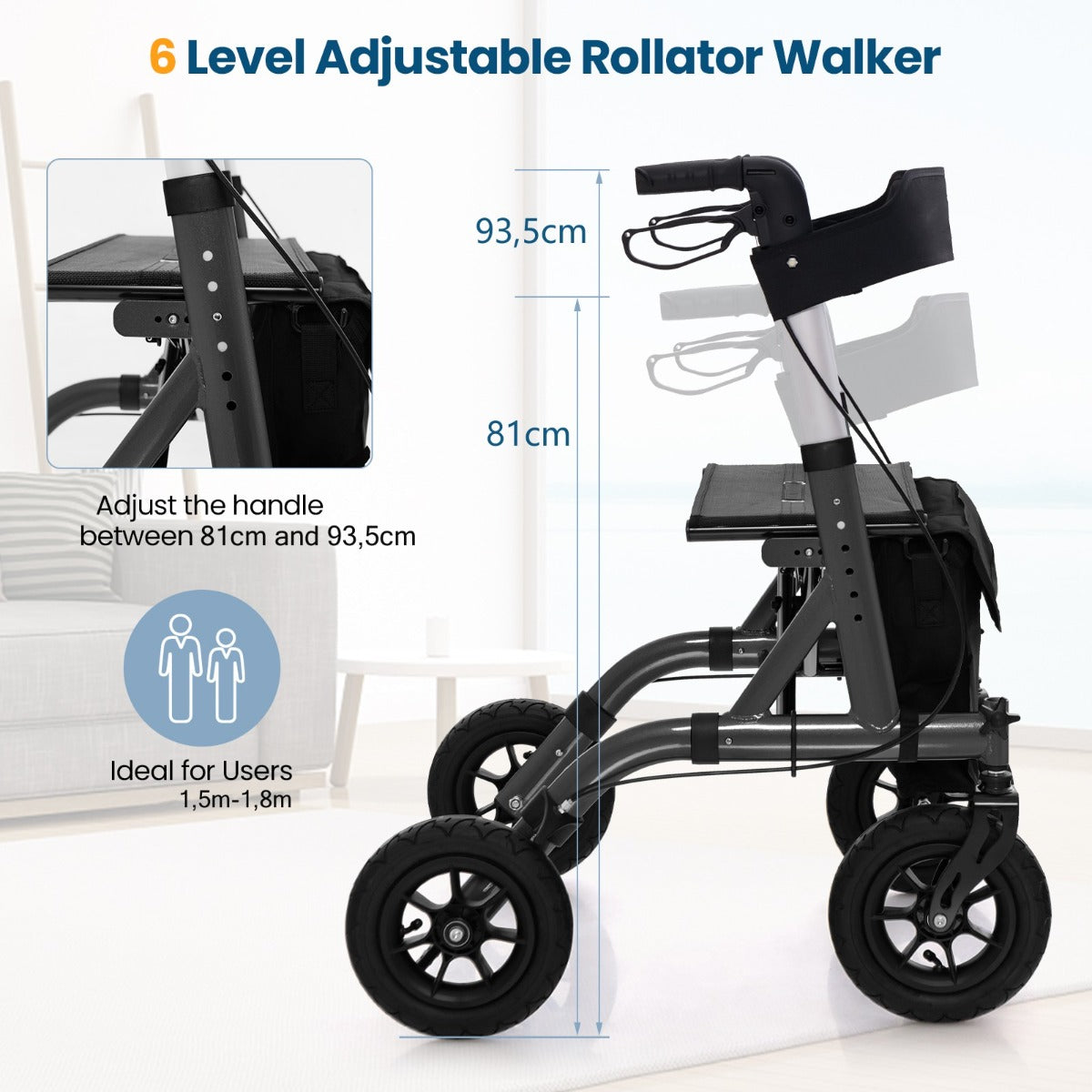 LIVSK Lichtgewicht Rollator - 24 cm All-Terrain Wielen - Opvouwbaar en Compact - Gevoerde Zitting - Tot 136 kg - Blauw/Zwart