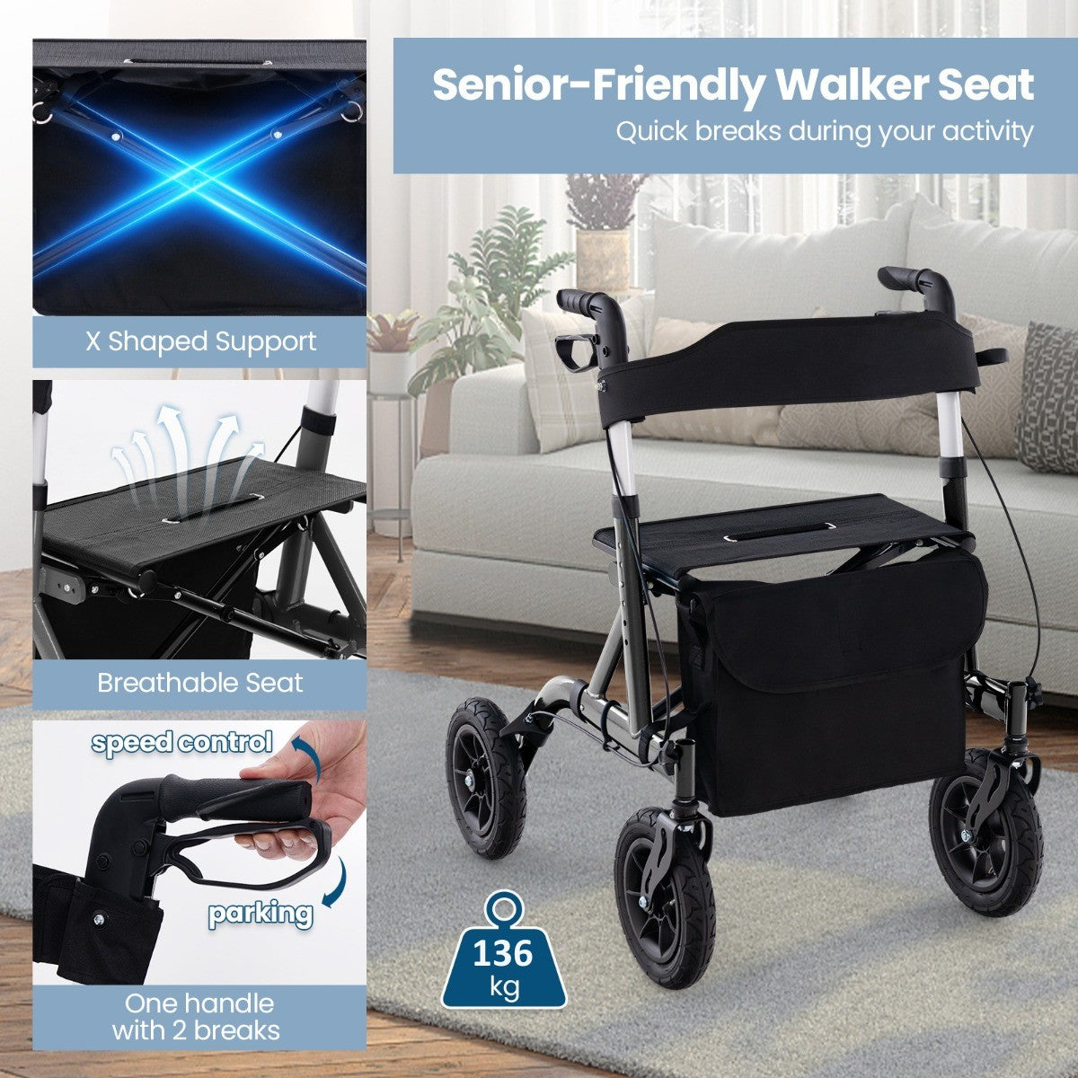 LIVSK Lichtgewicht Rollator - 24 cm All-Terrain Wielen - Opvouwbaar en Compact - Gevoerde Zitting - Tot 136 kg - Blauw/Zwart