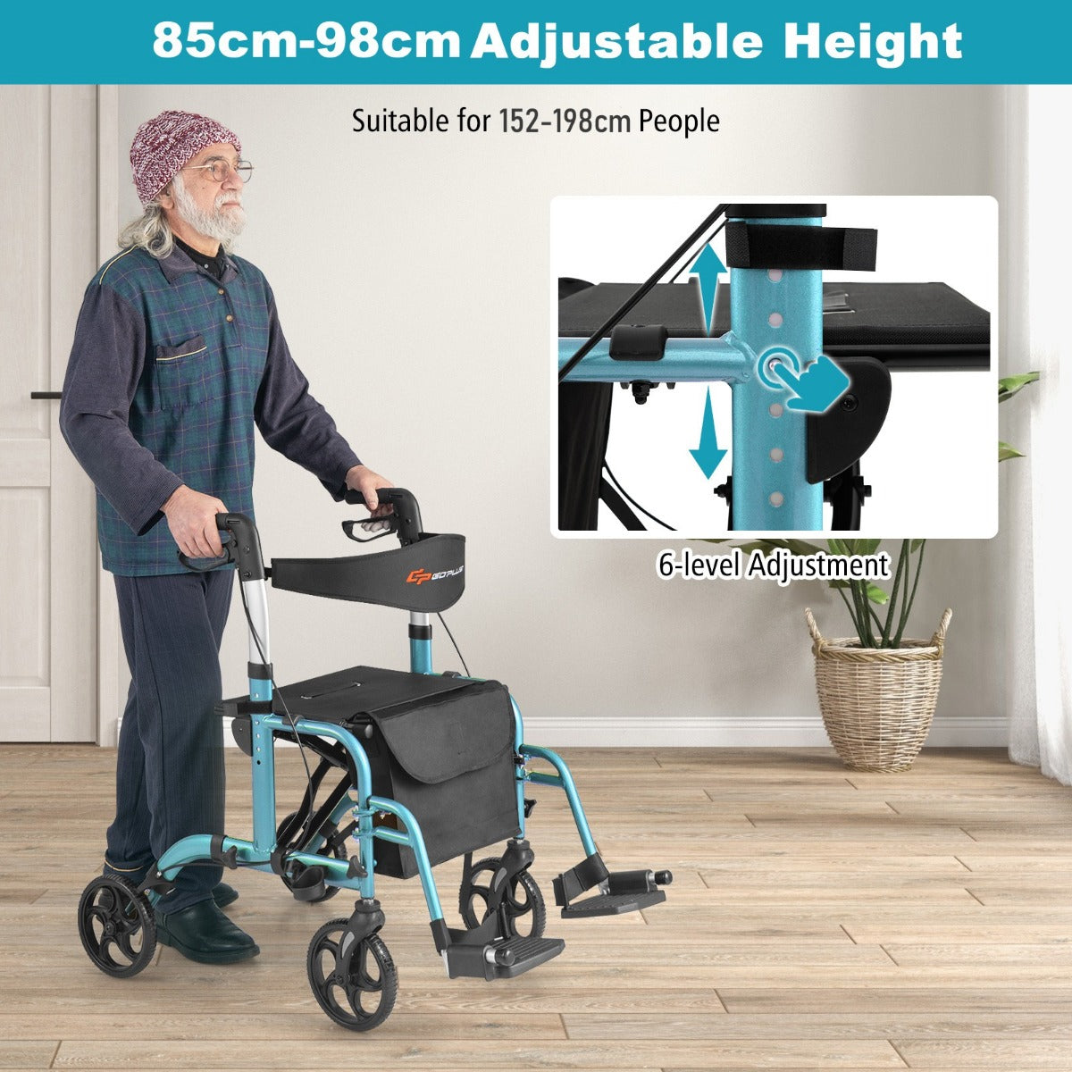 LIVSK Opvouwbare Rollator - 2-in-1 Rolstoel & Loophulpmiddel - 6 Hoogte-instellingen - Aluminium Frame - Tot 136 kg - Blauw