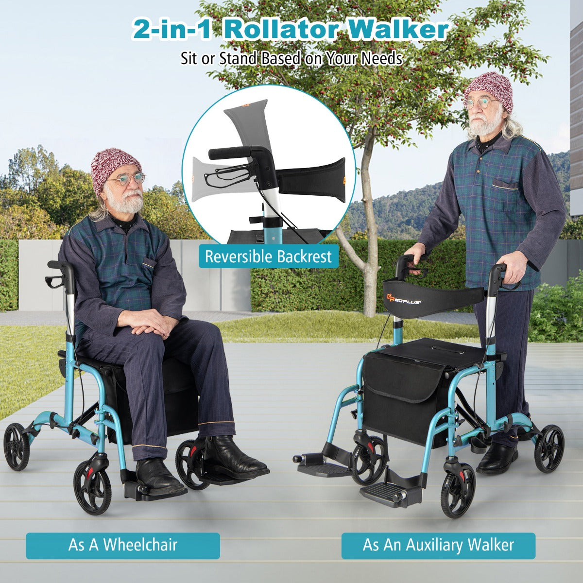 LIVSK Opvouwbare Rollator - 2-in-1 Rolstoel & Loophulpmiddel - 6 Hoogte-instellingen - Aluminium Frame - Tot 136 kg - Blauw