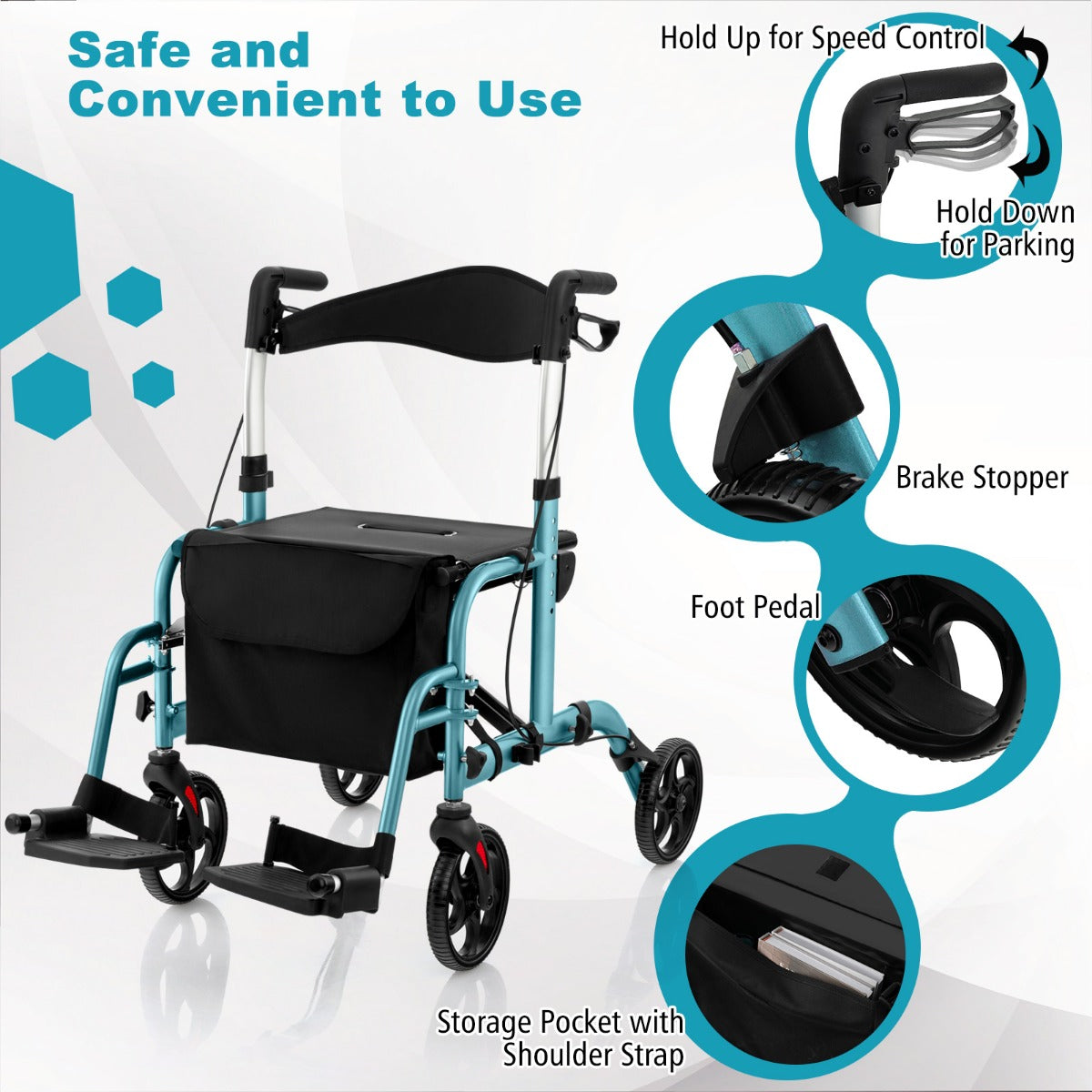 LIVSK Opvouwbare Rollator - 2-in-1 Rolstoel & Loophulpmiddel - 6 Hoogte-instellingen - Aluminium Frame - Tot 136 kg - Blauw