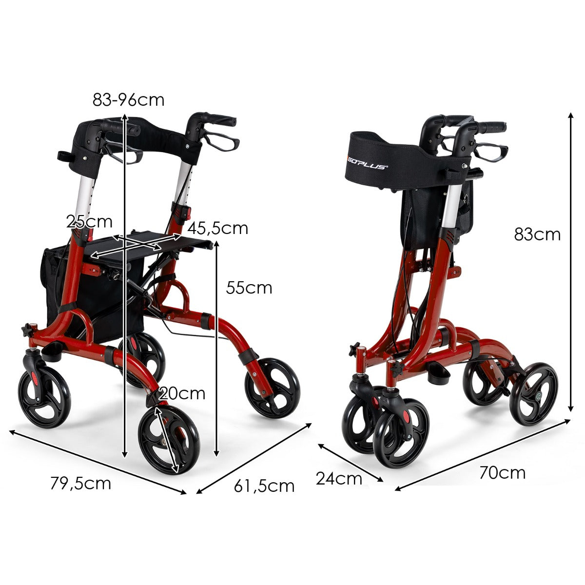 LIVSK 2-in-1 Rollator met Zitje - Verstelbare Antisliphandgrepen - Dubbel Remsysteem - Opvouwbaar - Tot 150 kg - Rood