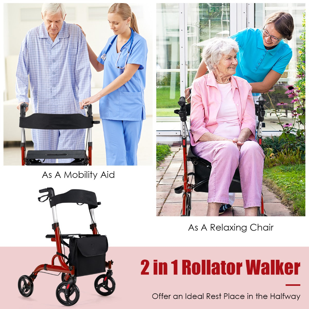 LIVSK 2-in-1 Rollator met Zitje - Verstelbare Antisliphandgrepen - Dubbel Remsysteem - Opvouwbaar - Tot 150 kg - Rood