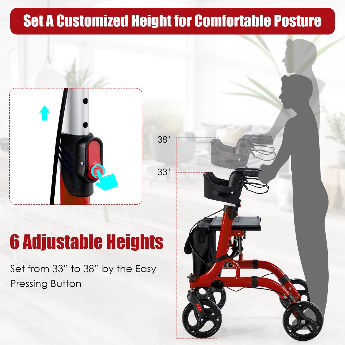 LIVSK 2-in-1 Rollator met Zitje - Verstelbare Antisliphandgrepen - Dubbel Remsysteem - Opvouwbaar - Tot 150 kg - Rood