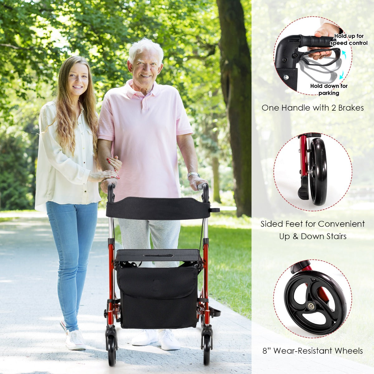 LIVSK 2-in-1 Rollator met Zitje - Verstelbare Antisliphandgrepen - Dubbel Remsysteem - Opvouwbaar - Tot 150 kg - Rood