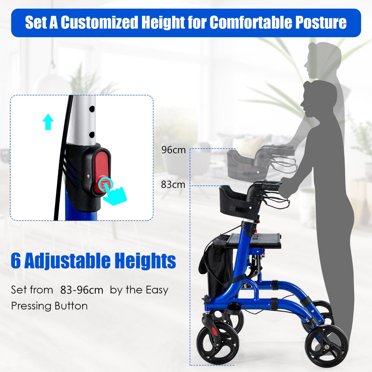 LIVSK 2-in-1 Rollator met Zitting - Verstelbare Antislip Handgrepen - Dubbel Remsysteem - Opvouwbaar - Draagvermogen tot 150 kg -