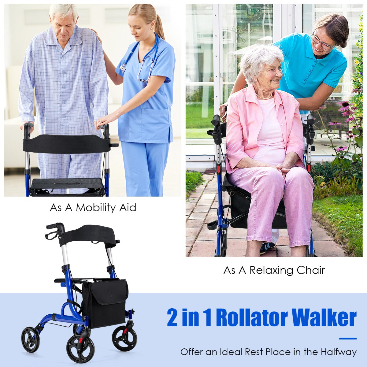 LIVSK 2-in-1 Rollator met Zitting - Verstelbare Antislip Handgrepen - Dubbel Remsysteem - Opvouwbaar - Draagvermogen tot 150 kg -