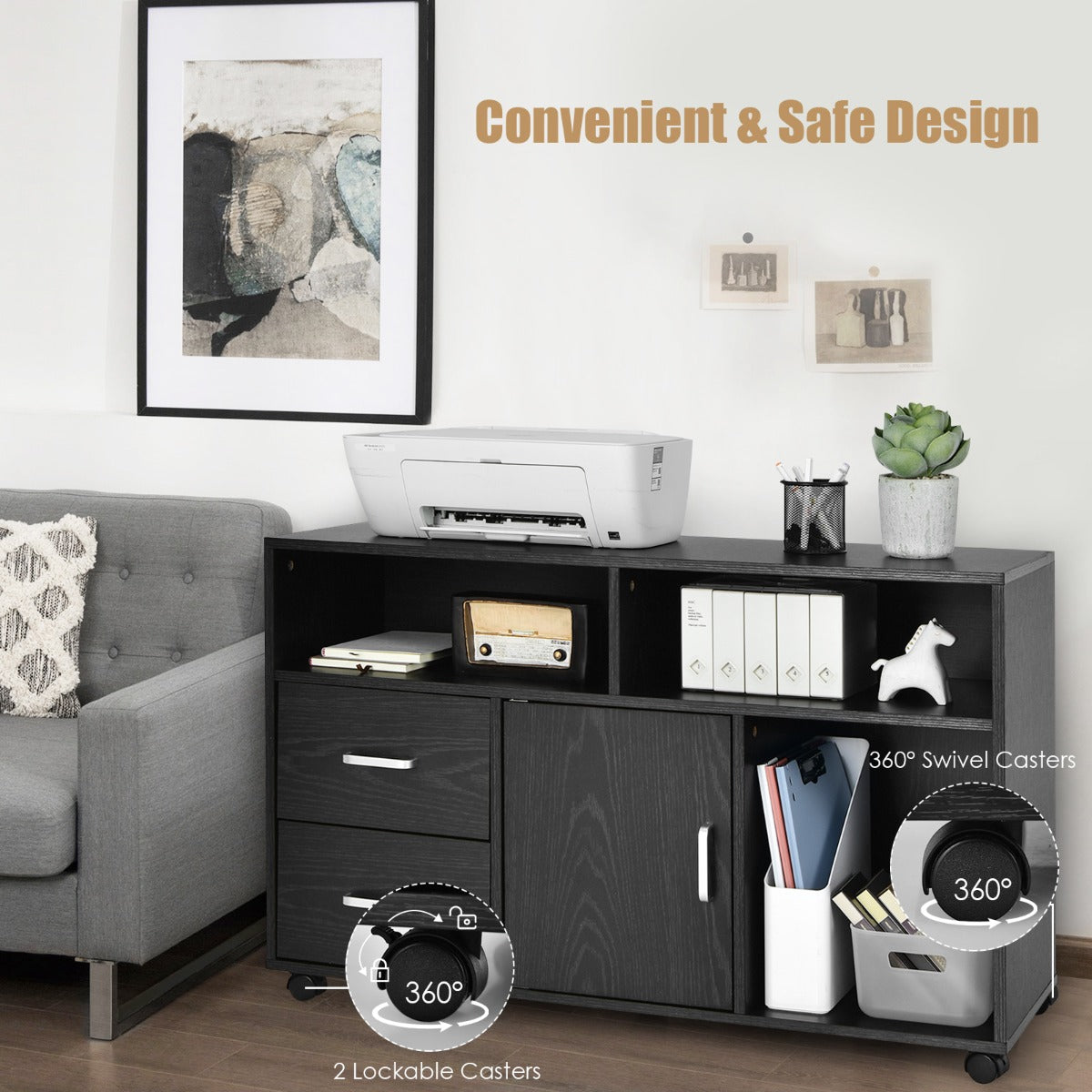 LIVSK Archiefkast met 2 Lades - 3 Open Planken - Mobiel met Wielen - Duurzaam MDF - 100 x 35 x 65,5 cm - Zwart