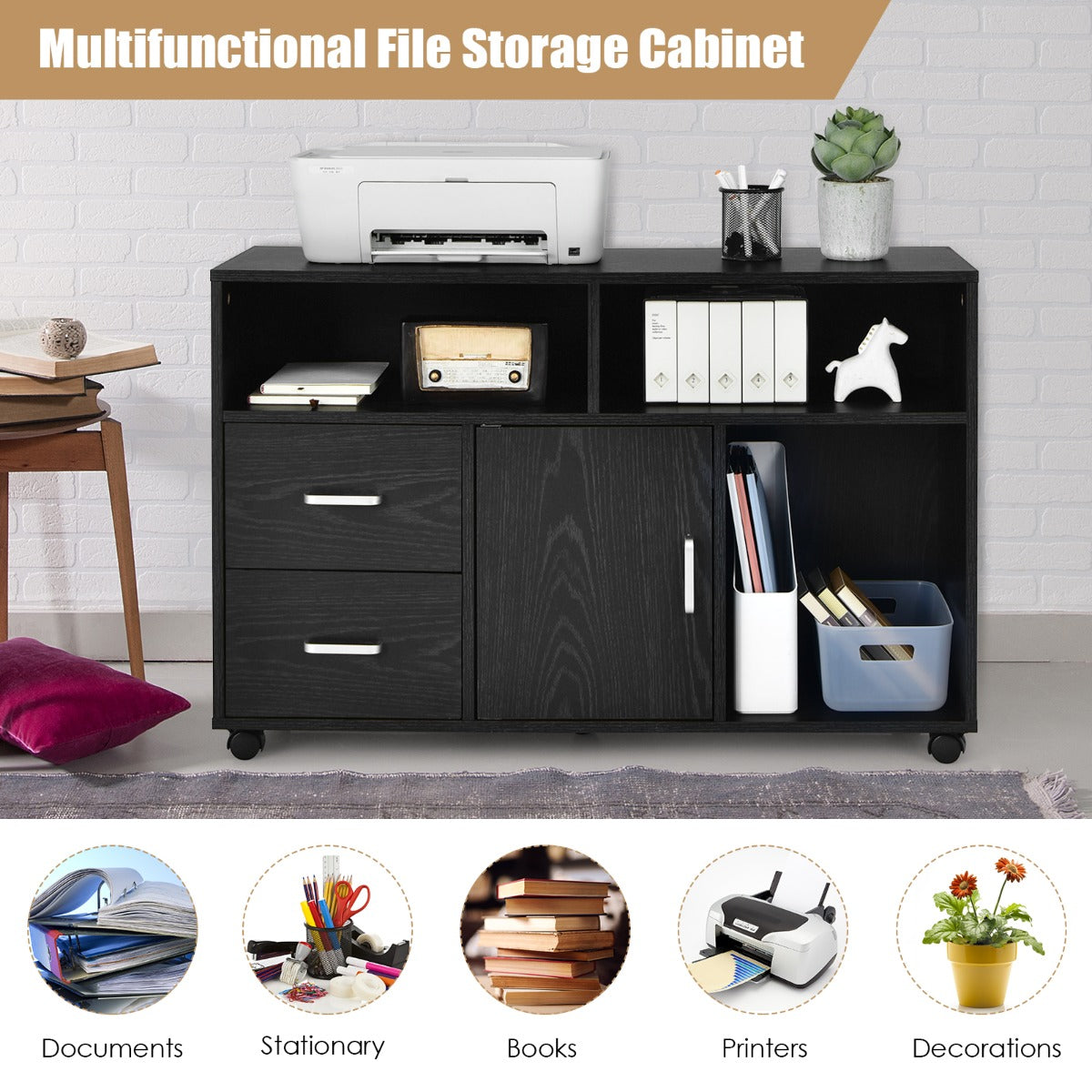 LIVSK Archiefkast met 2 Lades - 3 Open Planken - Mobiel met Wielen - Duurzaam MDF - 100 x 35 x 65,5 cm - Zwart