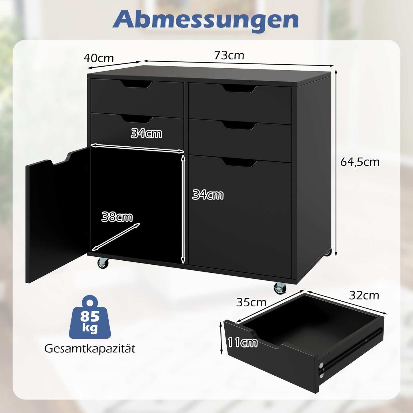 LIVSK 4-laden commode met rollcontainer - Mobiel met 5 wielen - Ruimte voor kantoorbenodigdheden - Tot 85 kg - Zwart