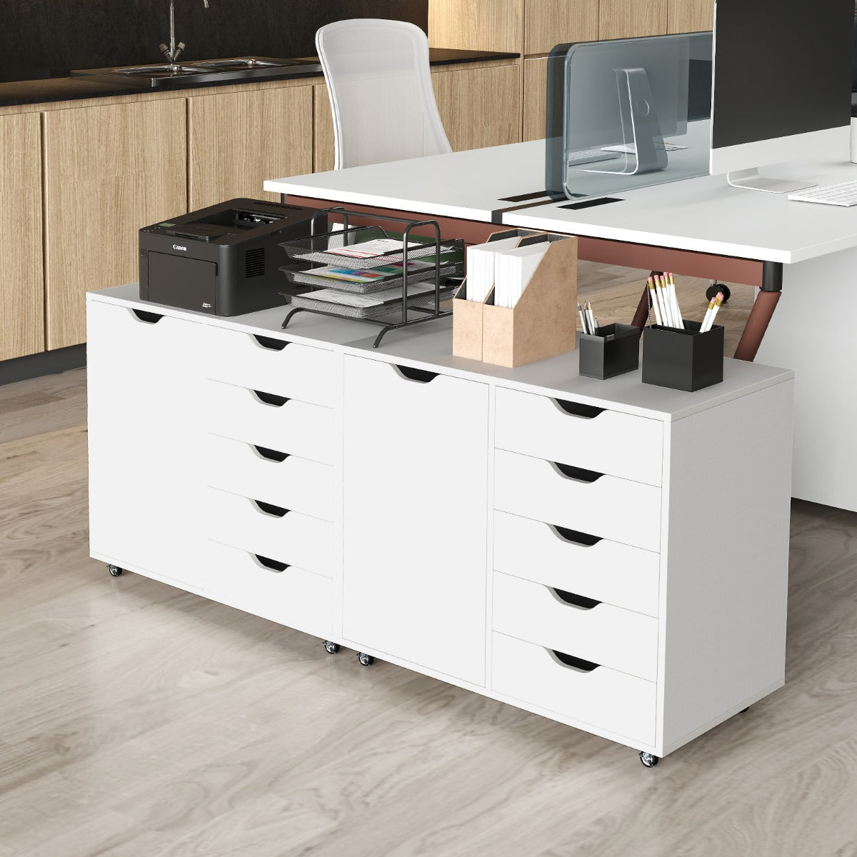 LIVSK Mobiele Printerstandaard en Archiefkast - 5 Lades - Verstelbare Plank - Wielen - Totale Afmeting 78 x 40 x 65 cm - Wit