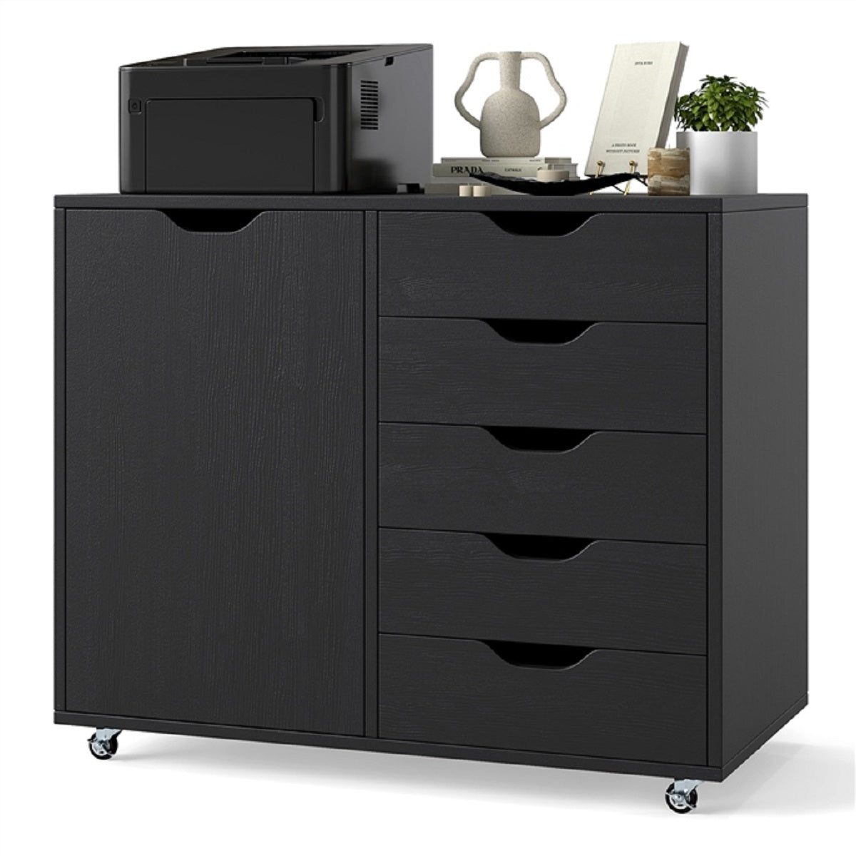 LIVSK Mobiele Archiefkast - 5 Lades - Verstelbare Plank - 5 Wielen - Duurzaam Hout - Thuiswerkplek - Zwart