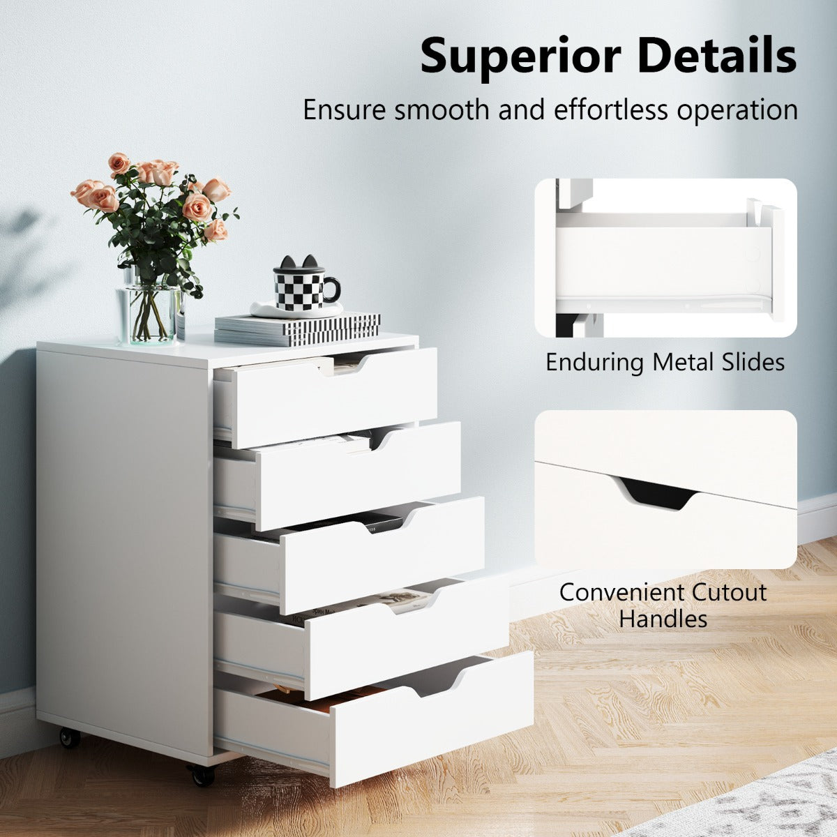 LIVSK Rollcontainer met 5 Lades - Mobiele Archiefkast met Wielen - Stabiele Houten Structuur - Tot 70 kg - Wit