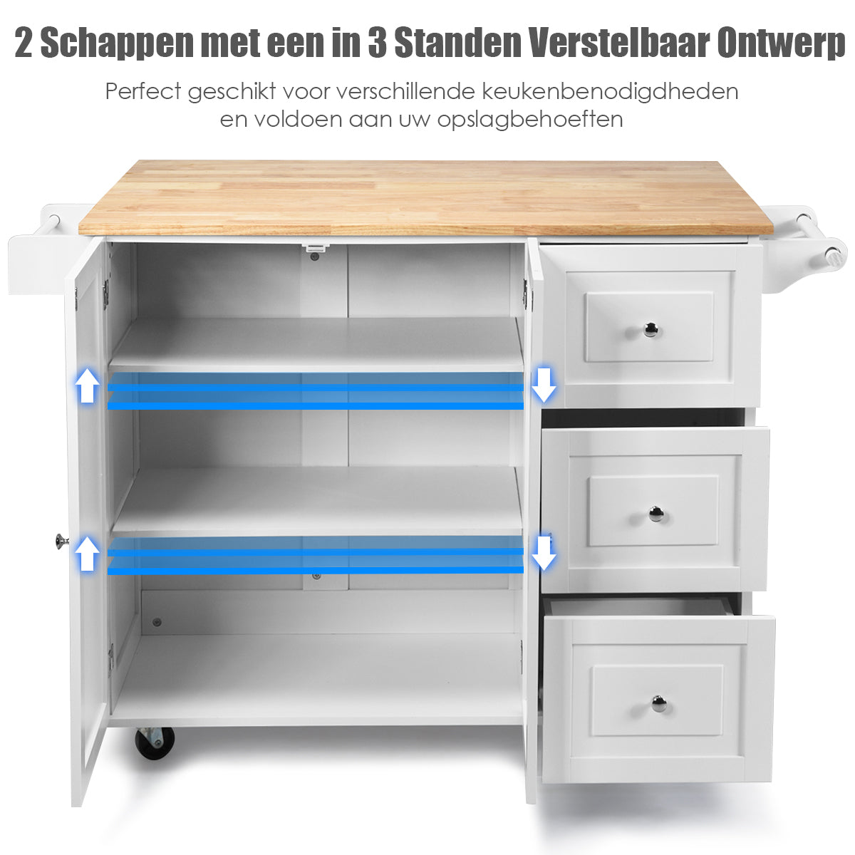 LIVSK Verstelbare Keukentrolley - Opbergkast met 3 Lades en Uitschuifbaar Blad - Wendbare Wielen - 136 x 76 x 91 cm - Wit