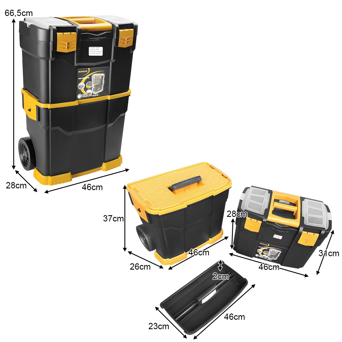 LIVSK Stapelbare Gereedschapskist - 3-in-1 Ontwerp - Soepel Rollende Wielen - Veiligheidsloten - 45 x 26,5 x 67,5 cm - Zwart
