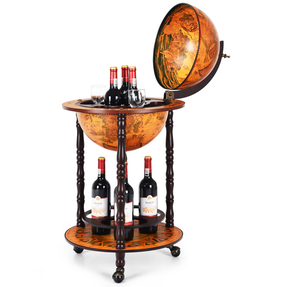 LIVSK wereldbol wijnbar standaard - 2-laags ontwerp - Eucalyptus hout - Draaibare wielen - 47 x 47 x 90 cm - Bruin