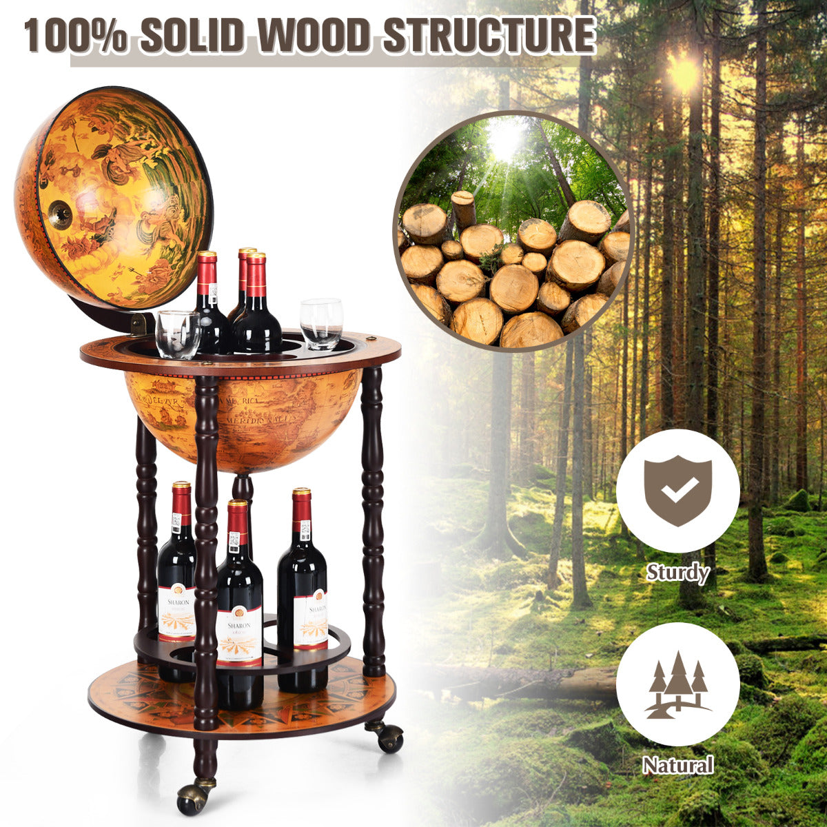LIVSK wereldbol wijnbar standaard - 2-laags ontwerp - Eucalyptus hout - Draaibare wielen - 47 x 47 x 90 cm - Bruin