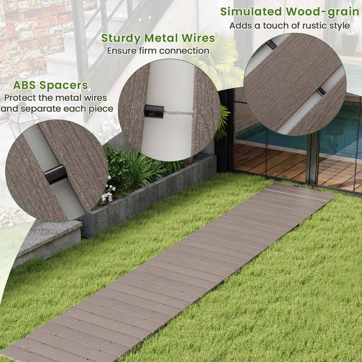 LIVSK Oprolbare Tuinpad van HDPE - Weerbestendig - Antislip - Stevige Verbinding - 242 x 55 x 1,2 cm - Grijs