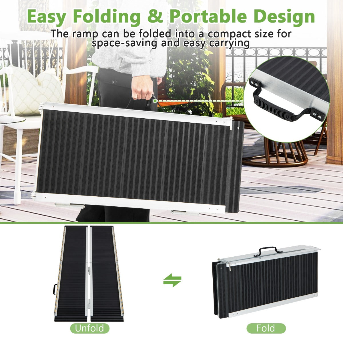 LIVSK Oprijplaat - Inklapbaar en Draagbaar - Antislipoppervlak - Aluminium - Tot 272 kg - 152,5 x 74 x 8 cm - Zwart